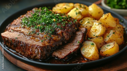 Succulent beef roast served with seasoned baby potatoes and garnished with fr...
