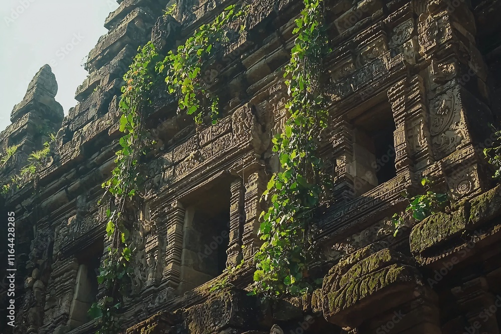 Ancient Stone Temple Ruins Overgrown with Lush Green Vines Intricate Carvings Ancient Stone Temple Ruins Overgrown with Lush Green Vines Intricate Carvings