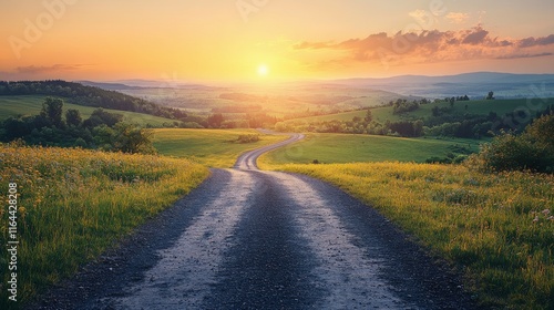 Winding road through green hills at sunset near the ocean