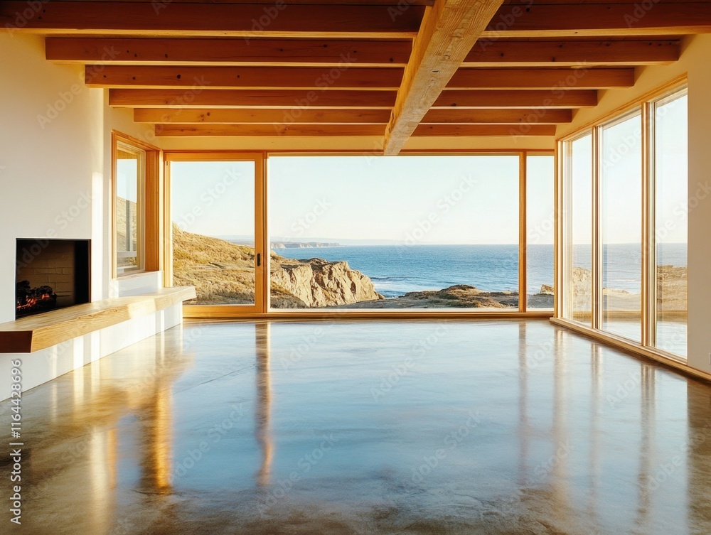 Fototapeta premium A large open room with a fireplace and a view of the ocean. The room is made of concrete and has a lot of windows