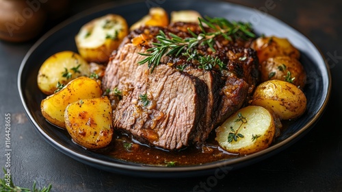 Succulent beef roast served with seasoned baby potatoes and garnished with fr...