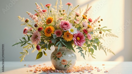 Vibrant Spring Flower Arrangement in Vintage Vase, Sunlit Floral Design with Pink, Orange, and White Blooms