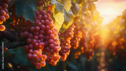 Sunset over vineyard with ripe grapes ready for harvest in autumn season photo