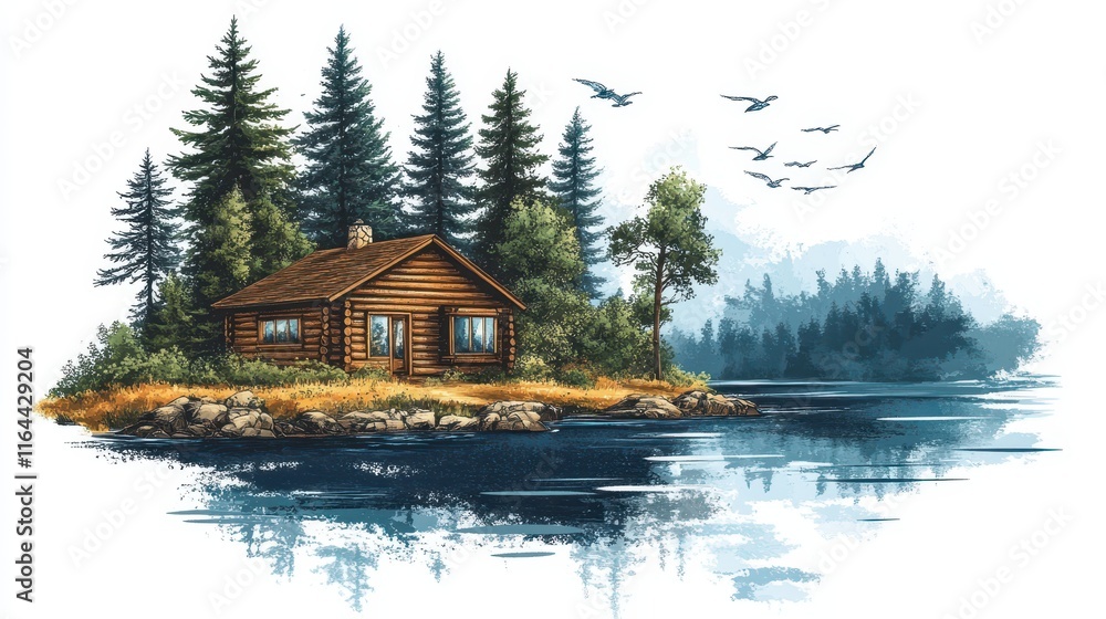 Fototapeta premium Riverside Cabin Concept on White Background