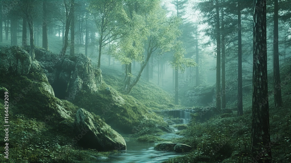 Obraz premium A tranquil forest scene featuring lush green vegetation surrounding a gentle stream. Sunlight filters through the misty atmosphere, casting a serene glow on the rocks and water. The landscape is dotte