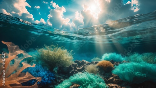 Underwater Landscape Illuminated by Sunlight Filtering Through Clouds With Vibrant Marine Life and Coral Formations photo