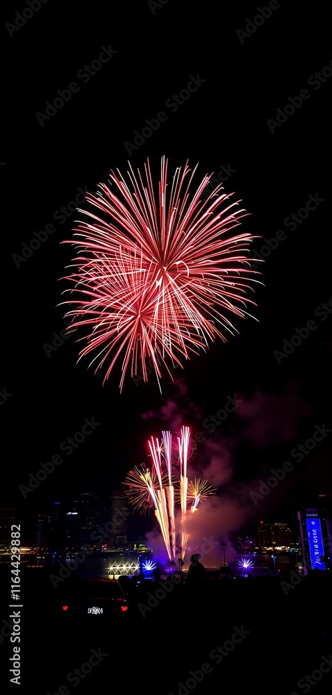 There's a lot of fog, Nighttime fireworks display, Fireworks show, Celebration fireworks, spectacular fireworks display on New Year's Eve