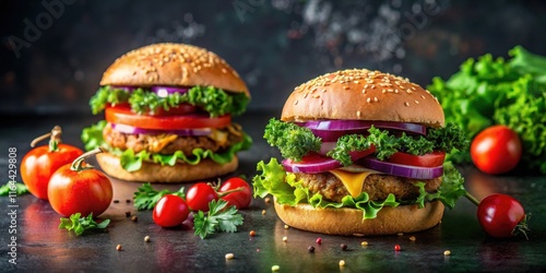 Wallpaper Mural Delicious Juicy Burgers with Fresh Vegetables and Sesame Seed Buns Torontodigital.ca