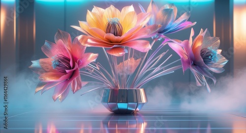 A futuristic floral concept with metallic textures and vivid color gradients photo