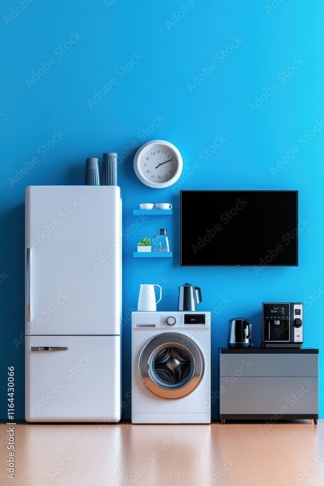 A blue wall with a white refrigerator, a white washer and dryer A blue wall with a white refrigerator, a white washer and dryer