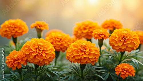 Vibrant Orange Marigold Flowers in Bloom, Close-Up Shot of Lush Garden with Sunny Background