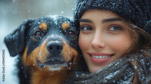 Woman and dog enjoying a snowy day in winter wonderland demonstrating joy and...