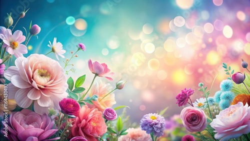 A vibrant arrangement of pastel-colored blossoms against a bokeh background, perfect for springtime celebrations and romantic designs.