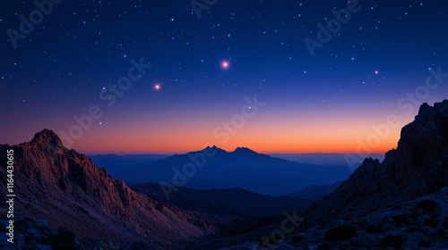 Full moon rising over a tranquil landscape at dusk, with stars sparkling in t...