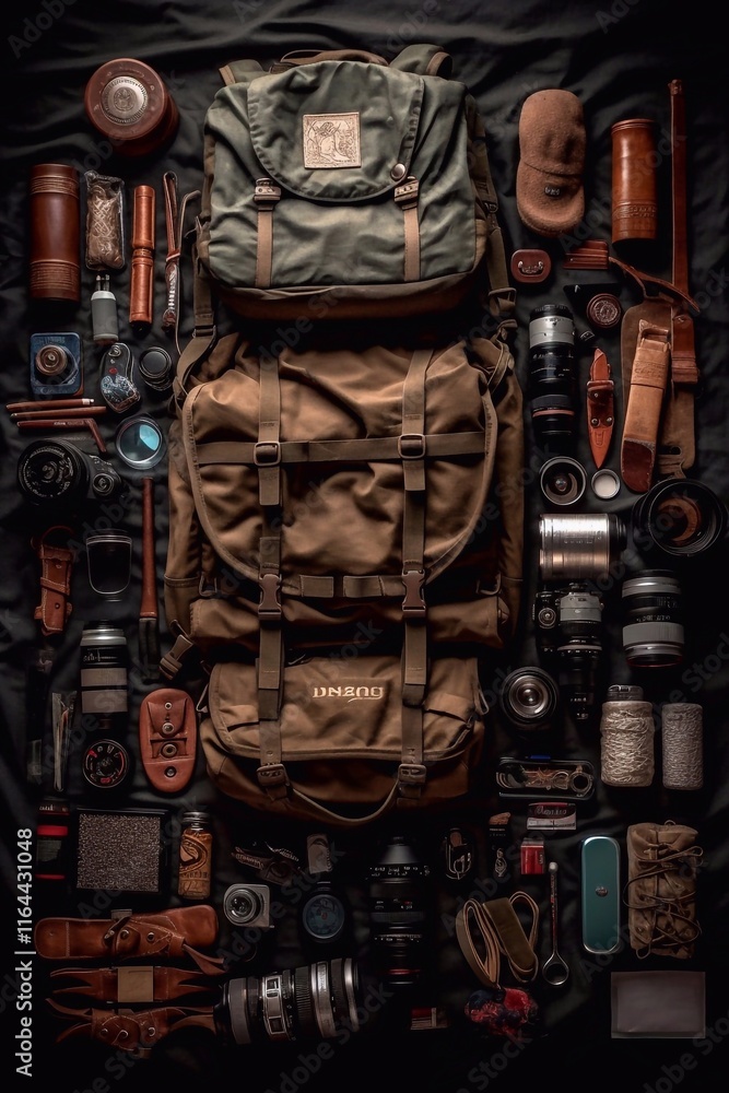 A collection of travel gear is displayed methodically on a dark surface. The layout includes backpacks, cameras, and various accessories, showcasing an organized packing setup. Generative AI A collection of travel gear is displayed methodically on a dark surface. The layout includes backpacks, cameras, and various accessories, showcasing an organized packing setup. Generative AI