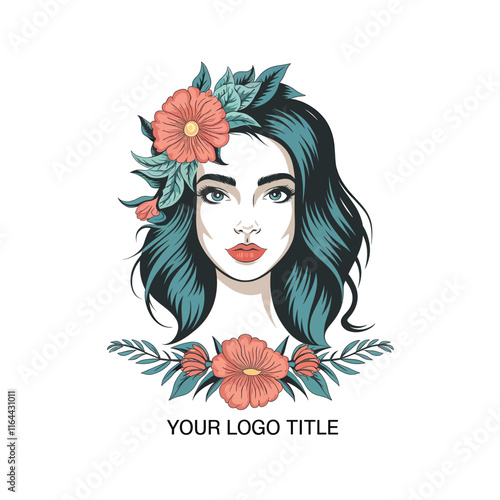 hand drawn beautiful woman face with floral vintage style logo design, floral woman face illustration