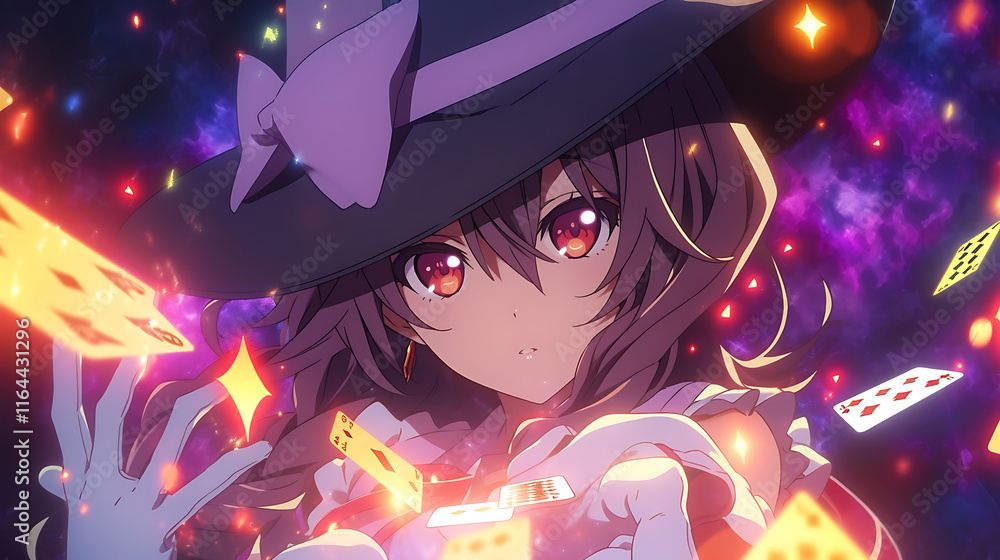 A mystical character casting spells with playing cards in a vibrant, magical setting. A mystical character casting spells with playing cards in a vibrant, magical setting.