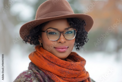 Woman with stylish glasses and hat in snowy urban setting during winter