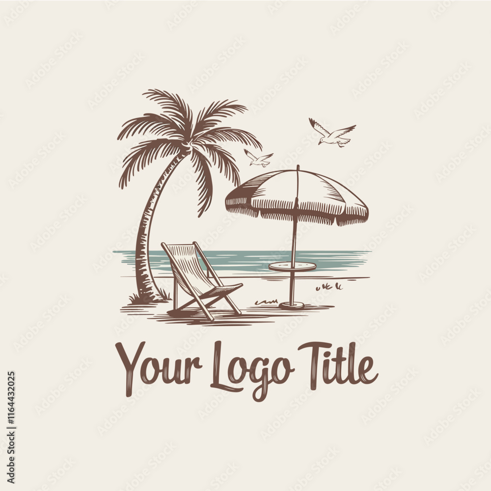 Fototapeta premium A vector illustration of a hand-drawn beach cafe logo in a vintage style