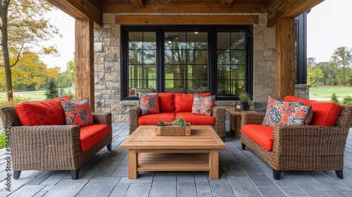 Cozy outdoor living area with mountain view in a serene landscape setting