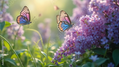 Whimsical Fairy Garden, Lilac-Purple Blooms & Iridescent Butterflies in Macro Detail