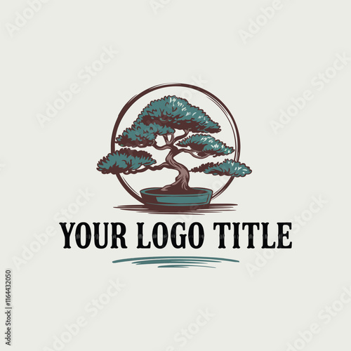 hand drawn bon sai vintage style logo design, vector illustration 