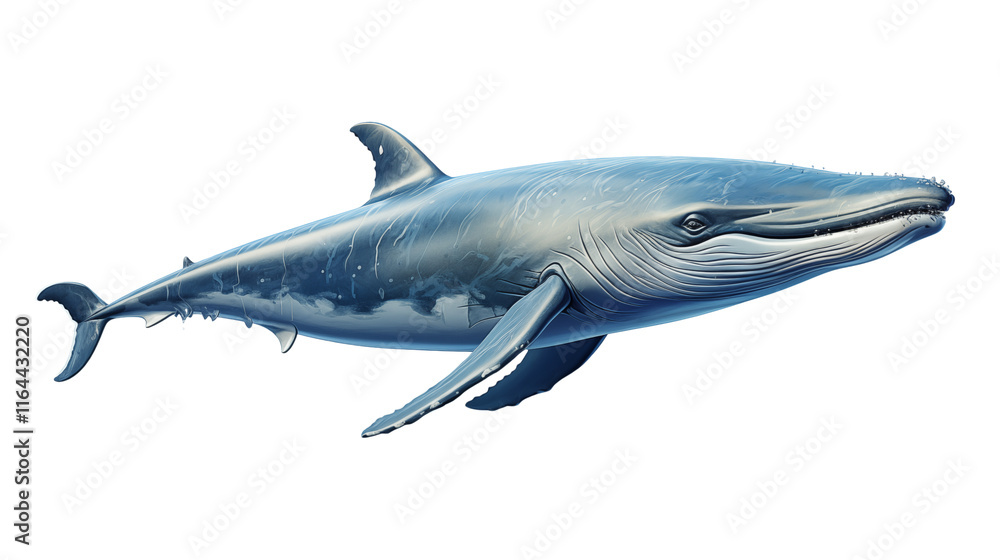 Fototapeta premium A pod of blue whales swimming together in a serene ocean setting, symbolizing marine unity, studio view, isolated on transparent background.