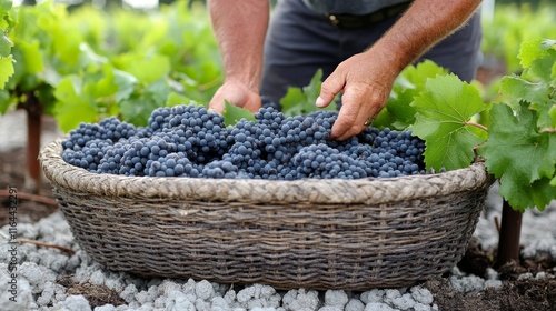 Hands harvesting grapes from a vineyard in autumn during grape picking season