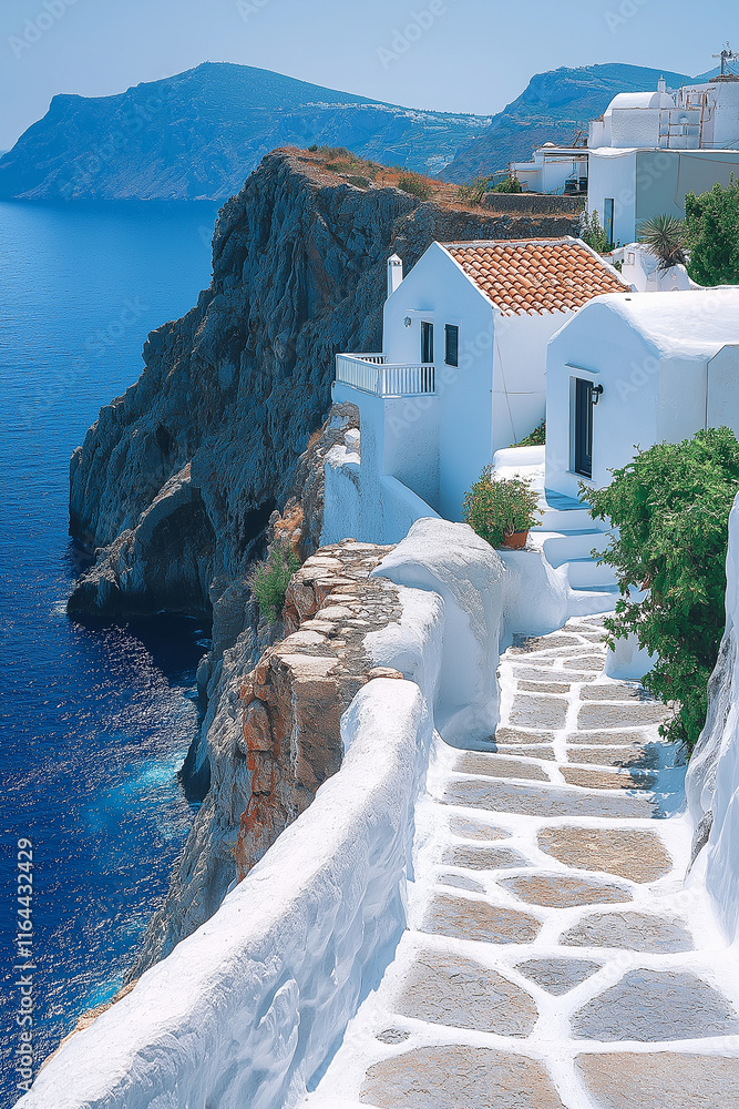 Fototapeta premium Photo réaliste professionnelle d’un village en bord de falaise avec des maisons blanches et des rues étroites, surplombant la mer bleu profond et des falaises dramatiques
