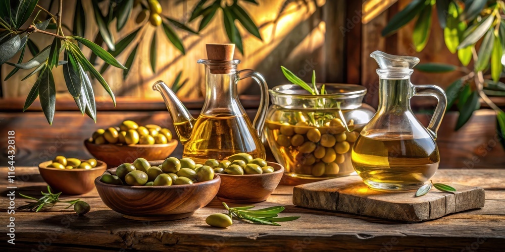 Fototapeta premium Rustic Still Life Featuring Olive Oil in Glass Containers and Bowls of Olives on Wooden Table