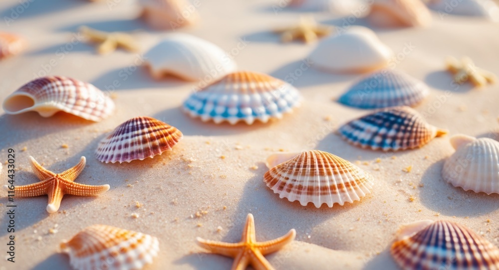 Colorful Shells and Starfish on Sandy Beach Surface. Colorful Shells and Starfish on Sandy Beach Surface.