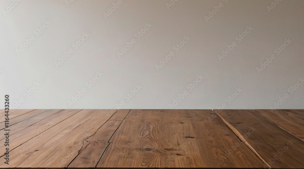 Minimalist interior design of an empty, light-filled room with hardwood floors, featuring an open floor plan and large windows, top of wooden table with minimal white clear wall product mockup Minimalist interior design of an empty, light-filled room with hardwood floors, featuring an open floor plan and large windows, top of wooden table with minimal white clear wall product mockup