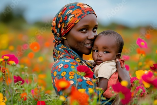 Mother holding baby in colorful flower field during bright day