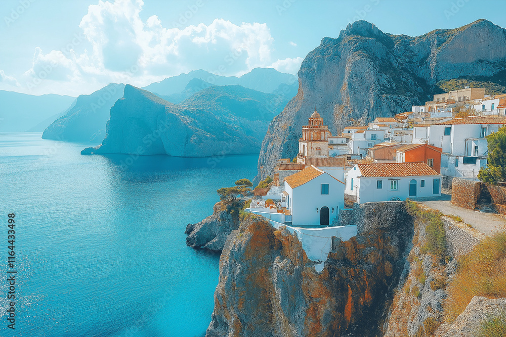 Fototapeta premium Photo réaliste professionnelle d’un village en bord de falaise avec des maisons blanches et des rues étroites, surplombant la mer bleu profond et des falaises dramatiques