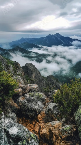 Majestic mountain landscape with lush greenery and misty clouds at dawn