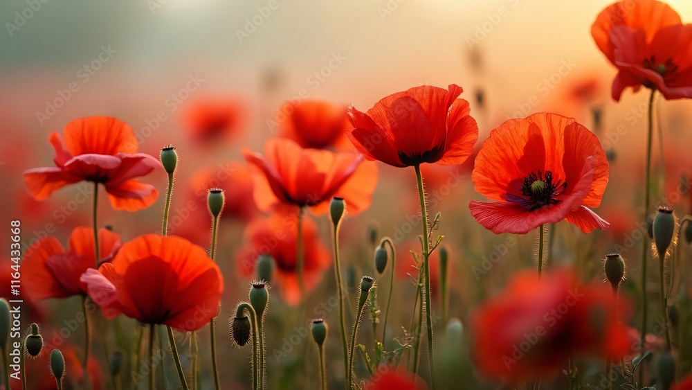 Obraz premium Vibrant Red Poppy Field, Statuesque Flowers, Swirling Petals, Misty Sunrise
