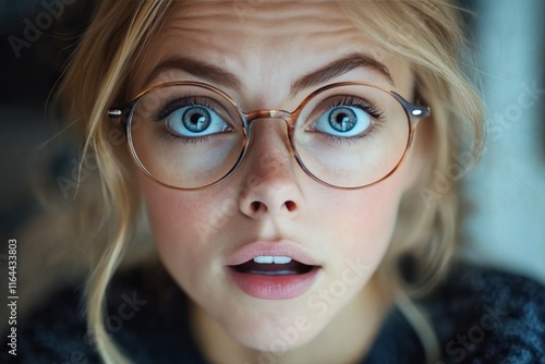 Surprised woman expresses astonishment with wide eyes and an open mouth in a ...