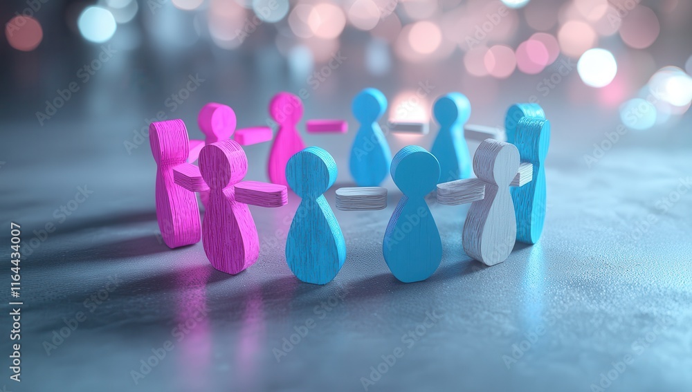 Radiant wooden figures in magenta and cyan tones standing in a connected circle on a minimalist gray surface