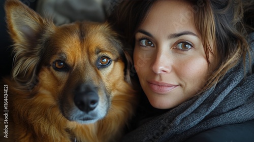 Woman cuddling a dog while enjoying cozy indoor atmosphere near a fireplace