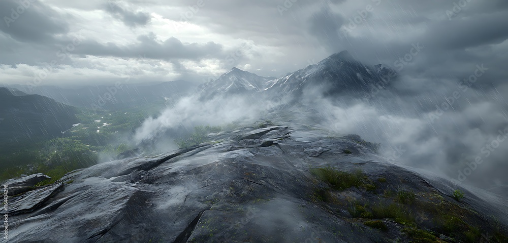 Cloudy mountain top under a blanket of rain, mist clinging to rocky surfaces Cloudy mountain top under a blanket of rain, mist clinging to rocky surfaces