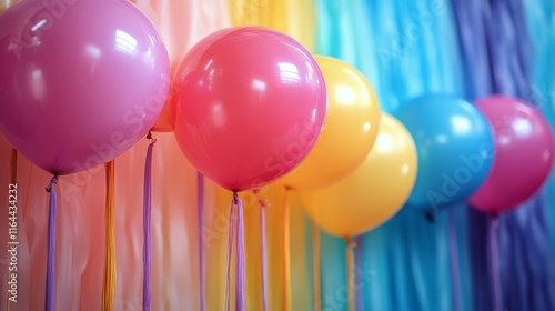 Colorful balloons cascade from the ceiling in a festive setting for a celebra...