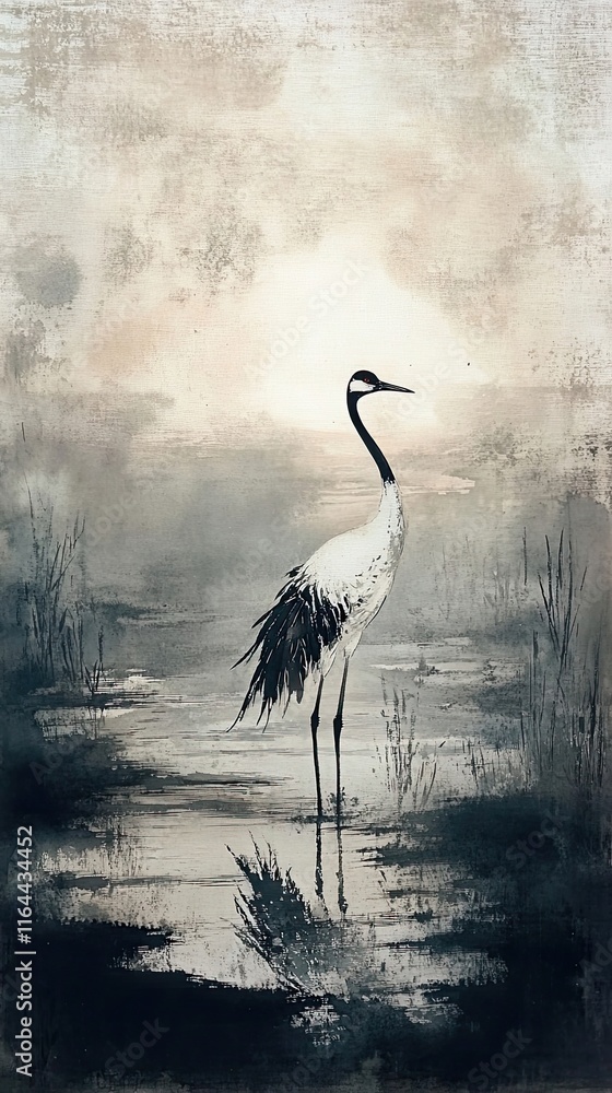 Fototapeta premium Elegant Crane Stands in Tranquil Wetland Scene