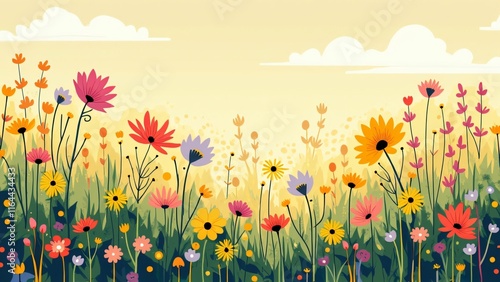 Whimsical Wildflower Meadow Illustration, Vibrant Floral Garden with Bold Lines and Saturated Colors Under a Soft, Sunny Sky