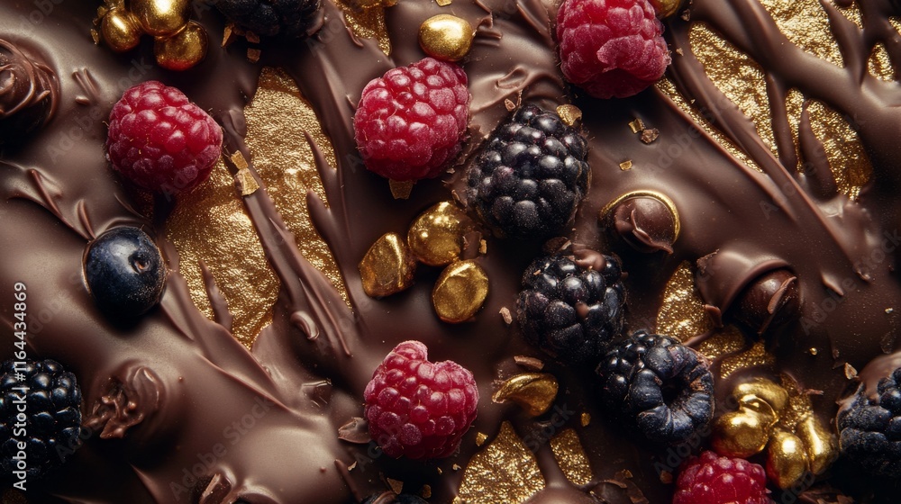 A rich layer of dark chocolate drizzled with glossy chocolate features an assortment of fresh raspberries, blackberries, and edible gold decor, creating a luxurious dessert presentation A rich layer of dark chocolate drizzled with glossy chocolate features an assortment of fresh raspberries, blackberries, and edible gold decor, creating a luxurious dessert presentation