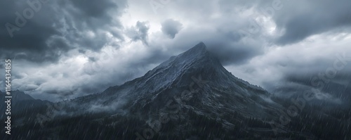 Dark clouds hanging over a rugged mountain peak with rainfall descending photo