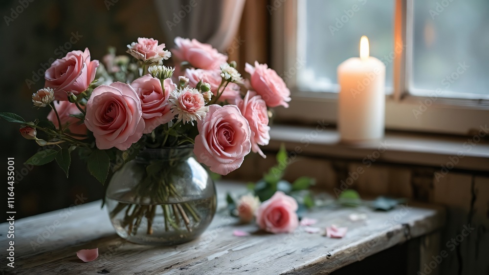 Obraz premium Romantic Pink Roses in Glass Vase Near Window with Candlelight - Still Life Photography