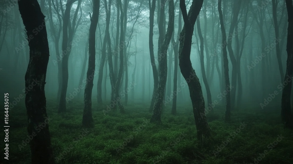 Naklejka premium Thick fog blankets a dense forest, shrouding twisted trees in an otherworldly ambiance. The tranquility of nature contrasts with the unsettling mystery of the surroundings