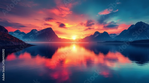 Majestic sunset over serene lake surrounded by towering mountains in twilight