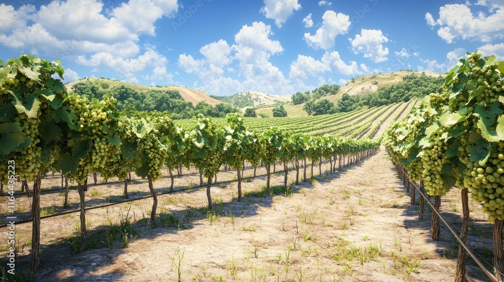 Lush vineyard landscape under a bright blue sky with scattered clouds. Lush vineyard landscape under a bright blue sky with scattered clouds.