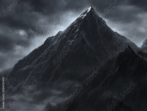 Dark mountain peak with intense rain pouring down, mist in the background